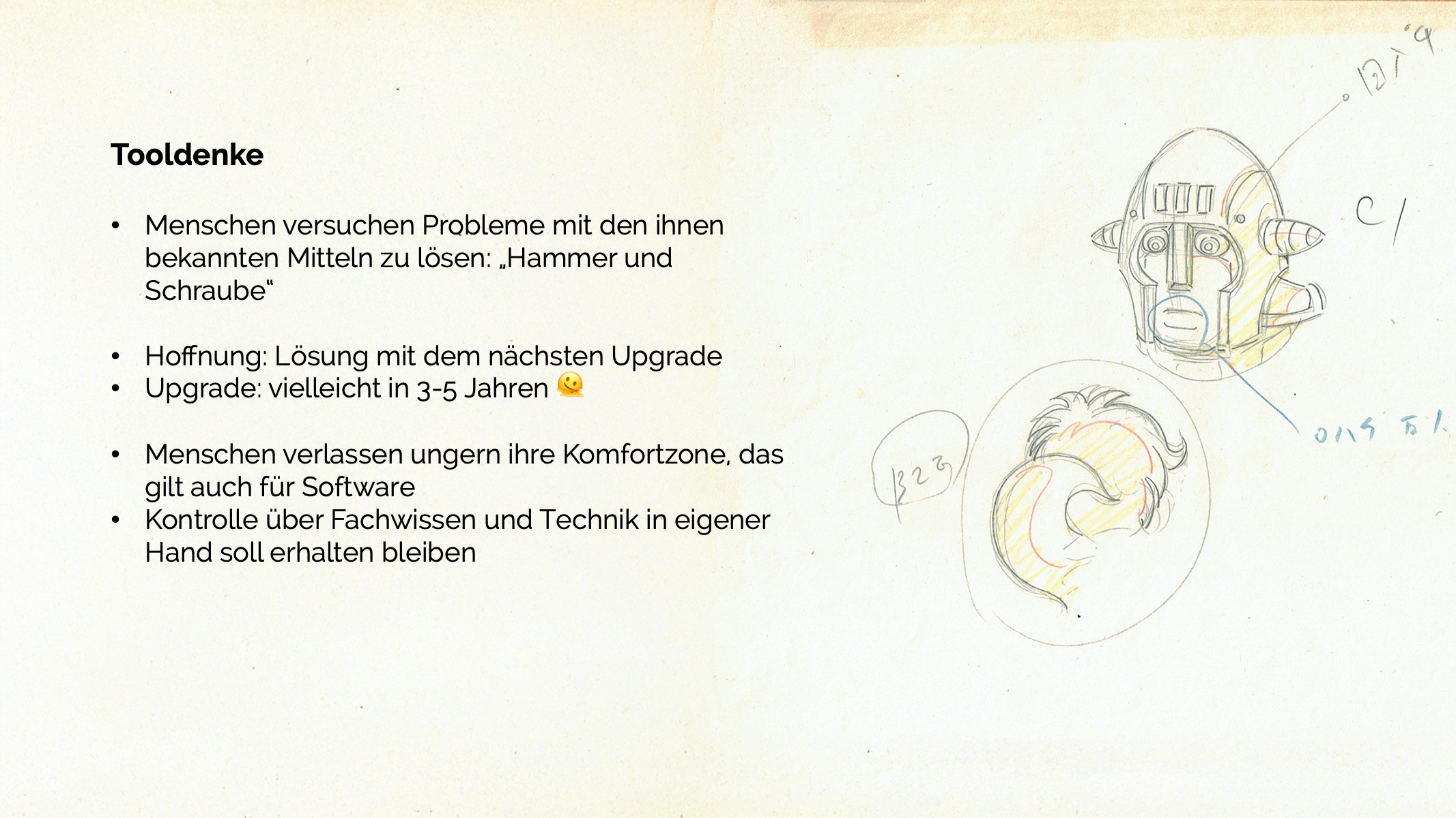 Slide aus dem KI-Navigator-Vortrag — Akt 2: Die Muster: Tooldenke