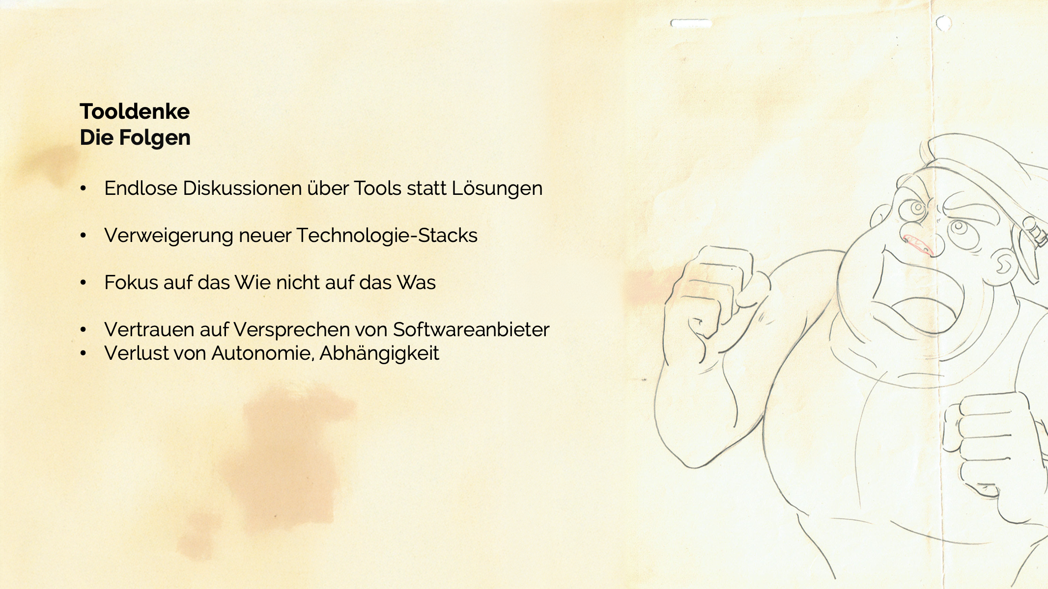 Slide aus dem KI-Navigator-Vortrag — Akt 2: Die Muster: Tooldenke Folgen